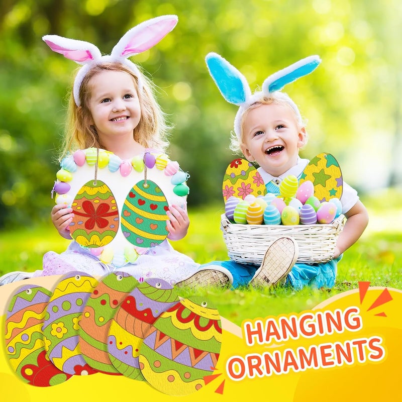 Sophena Large Size 7" Wooden Easter Ornaments to Paint, Egg Wooden DIY Blank Unfinished Round Wood Discs Ornament for Crafts Hanging Decorations(10 Different Patterns) - Image 2